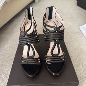 Elie Tahari Black Leather Gold Strappy Heels